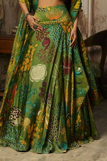 Shop_Diyarajvvir_Green Organza, Satin, Tulle, Bemberg Embroidery, Beads, Floral Print Lehenga Set_Online_at_Aza_Fashions
