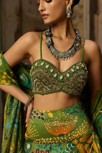 Diyarajvvir_Green Organza, Satin, Tulle, Bemberg Embroidery, Beads, Floral Print Lehenga Set_at_Aza_Fashions