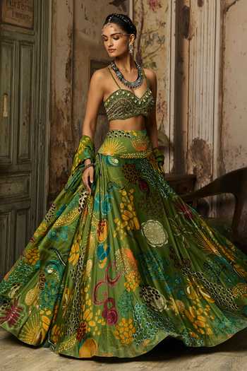 Buy_Diyarajvvir_Green Organza, Satin, Tulle, Bemberg Embroidery, Beads, Floral Print Lehenga Set
