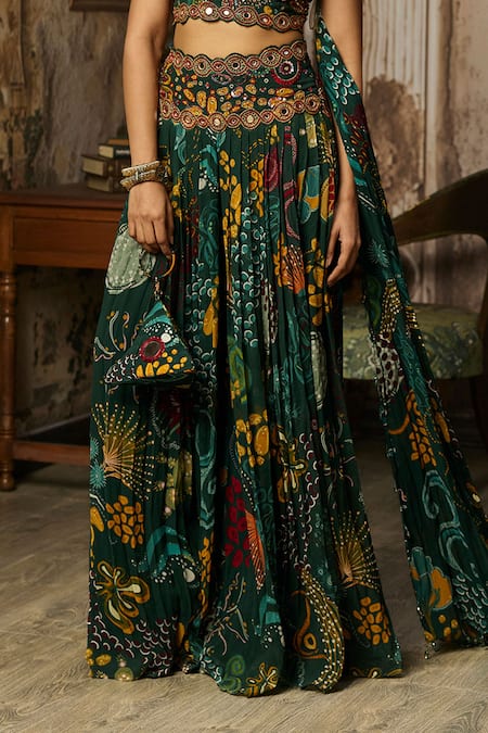 Diyarajvvir_Green Georgette, Crepe Embroidery One Printed Blouse And Pleated Flared Pant Set _Online_at_Aza_Fashions