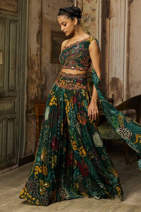 Buy_Diyarajvvir_Green Georgette, Crepe Embroidery One Printed Blouse And Pleated Flared Pant Set _Online_at_Aza_Fashions