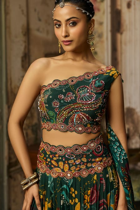 Shop_Diyarajvvir_Green Georgette, Crepe Embroidery One Printed Blouse And Pleated Flared Pant Set _Online_at_Aza_Fashions