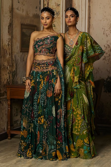 Diyarajvvir_Green Georgette, Crepe Embroidery One Printed Blouse And Pleated Flared Pant Set _at_Aza_Fashions