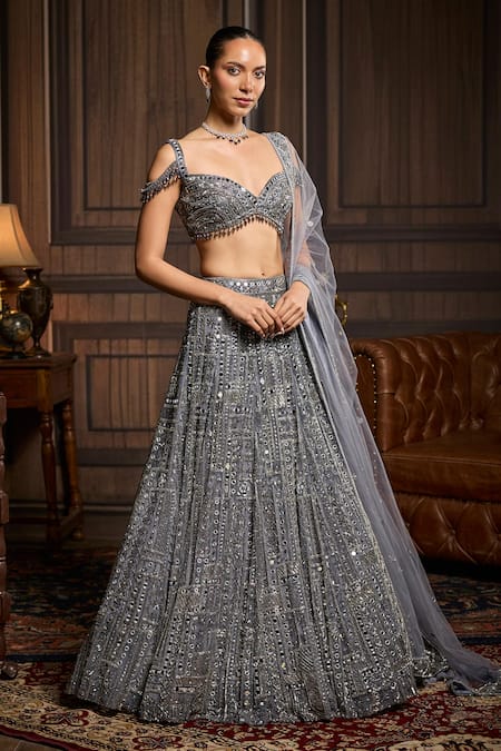 Diyarajvvir Grey Tulle Mirrors, Beads Sweetheart Neck Mirrorwork Lehenga Blouse Set Online at Aza Fashions Diyarajvvir_Grey Tulle Mirrors, Beads Sweetheart Neck Mirrorwork Lehenga Blouse Set _Online_at_Aza_Fashions