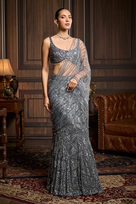 Diyarajvvir Abstract Embellished Pre-Draped Saree & Blouse Set 