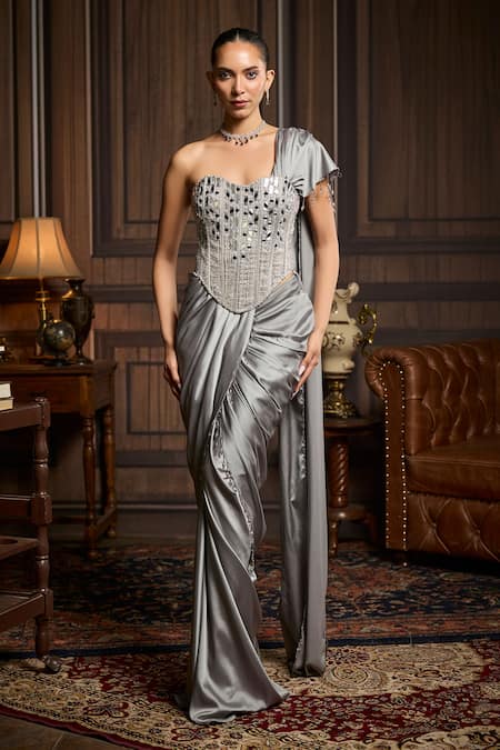 Shop_Diyarajvvir_Grey Satin, Tulle Mirrors, Beads, Tassels Work Corset And Pre-draped Saree Set _Online_at_Aza_Fashions