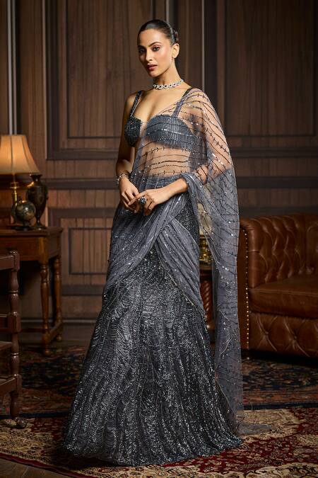 Buy_Diyarajvvir_Grey Tulle Sequins, Tassels Sweetheart Neck Work Pre-draped Saree With Bustier _Online_at_Aza_Fashions