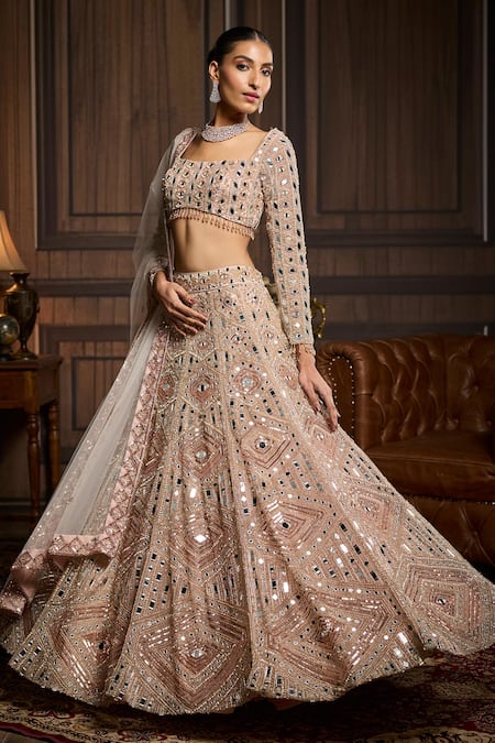 Diyarajvvir_Pink Tulle Sequins, Stones, Mirrors Square Neck Embroidered Lehenga Set _Online_at_Aza_Fashions