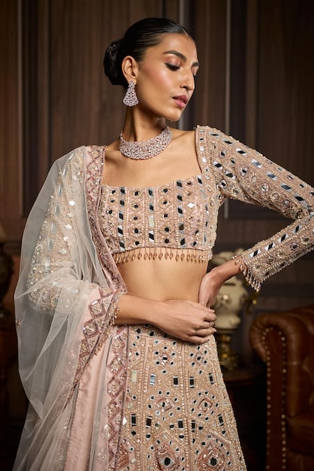 Buy_Diyarajvvir_Pink Tulle Sequins, Stones, Mirrors Square Neck Embroidered Lehenga Set _Online_at_Aza_Fashions