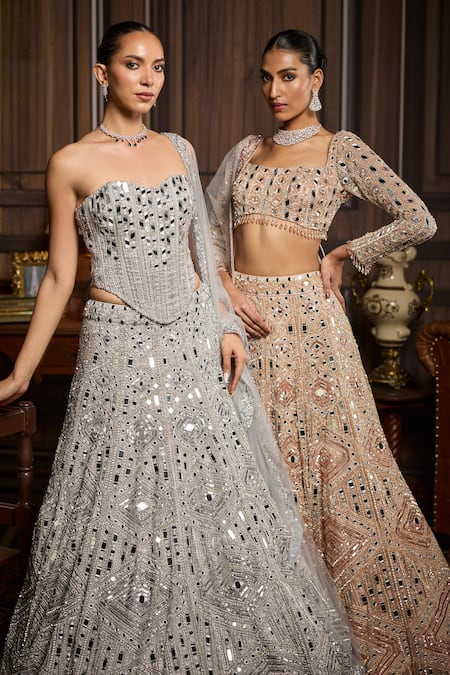 Shop_Diyarajvvir_Pink Tulle Sequins, Stones, Mirrors Square Neck Embroidered Lehenga Set _Online_at_Aza_Fashions