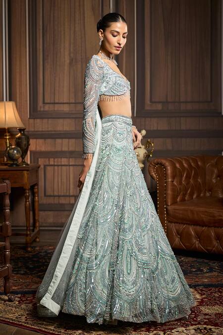 Shop_Diyarajvvir_Blue Tulle Sequins, Beads, Stones, Zari Scallop Pattern Lehenga Blouse Set _Online_at_Aza_Fashions
