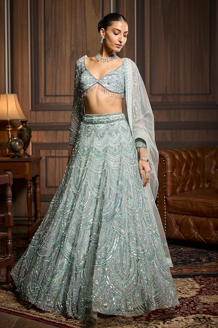 Buy_Diyarajvvir_Blue Tulle Sequins, Beads, Stones, Zari Scallop Pattern Lehenga Blouse Set 