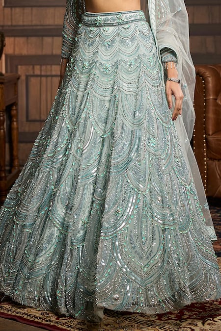 Shop_Diyarajvvir_Blue Tulle Sequins, Beads, Stones, Zari Scallop Pattern Lehenga Blouse Set 
