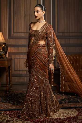 Diyarajvvir_Brown Tulle Sequins, Beads, Metallic Embellished Pre-draped Saree And Blouse Set_Online_at_Aza_Fashions
