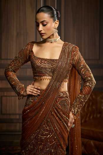 Buy_Diyarajvvir_Brown Tulle Sequins, Beads, Metallic Embellished Pre-draped Saree And Blouse Set_Online_at_Aza_Fashions