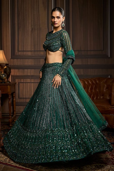 Diyarajvvir_Emerald Green Tulle Sequins Round Neck Embellished Lehenga Set _Online_at_Aza_Fashions