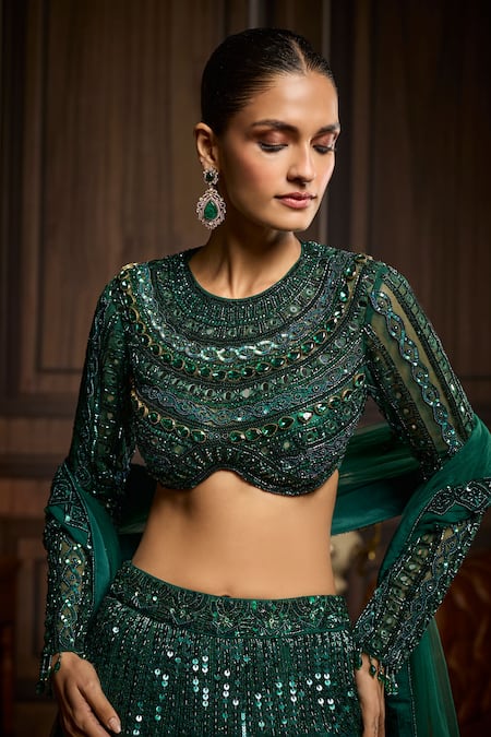 Shop_Diyarajvvir_Emerald Green Tulle Sequins Round Neck Embellished Lehenga Set _Online_at_Aza_Fashions
