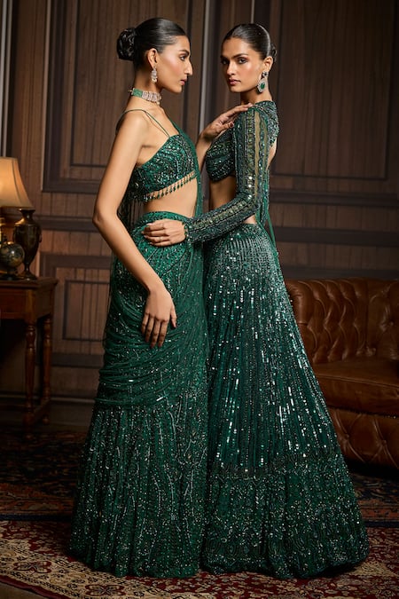 Diyarajvvir_Emerald Green Tulle Sequins Round Neck Embellished Lehenga Set _at_Aza_Fashions
