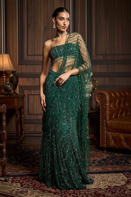 Diyarajvvir Bead Embellished Pre-Draped Saree & Blouse Set 