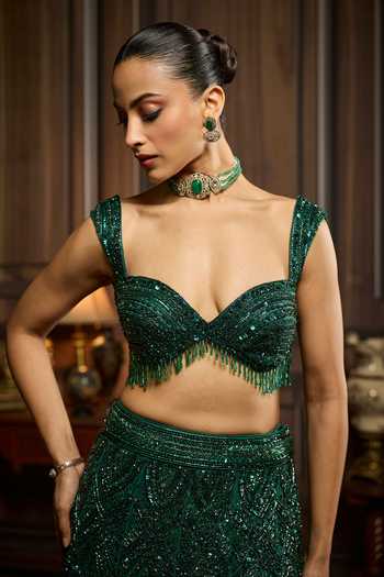 Diyarajvvir_Emerald Green Tulle Embroidery, Sequins, Stones, Blouse And Mermaid Skirt Set_Online_at_Aza_Fashions