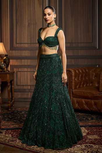 Buy_Diyarajvvir_Emerald Green Tulle Embroidery, Sequins, Stones, Blouse And Mermaid Skirt Set_Online_at_Aza_Fashions