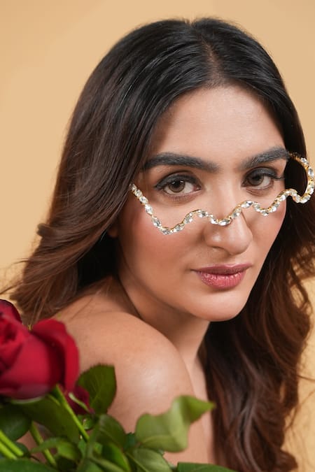 Vaidaan_Gold Stones, Crystals Ray Embellished Facelet _Online_at_Aza_Fashions