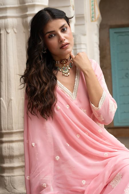 Shop_Karaj Jaipur_Pink Georgette, Shantoon Embroidery V-neck Hand Kurta Set _Online_at_Aza_Fashions