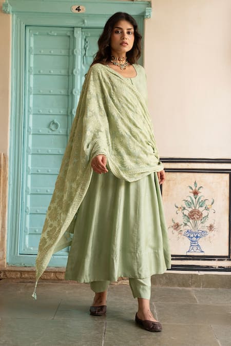 Karaj Jaipur_Green Silk, Georgette, Shantoon Embroidery Round Neck Buttoned Yoke Anarkali Set _Online_at_Aza_Fashions