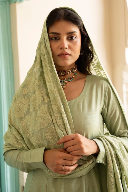 Shop_Karaj Jaipur_Green Silk, Georgette, Shantoon Embroidery Round Neck Buttoned Yoke Anarkali Set _Online_at_Aza_Fashions