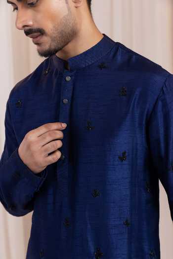 Smriti By Anju Agarwal_Blue Silk, Cotton Beads Stellar Dusk Embroidered Kurta Set _Online_at_Aza_Fashions
