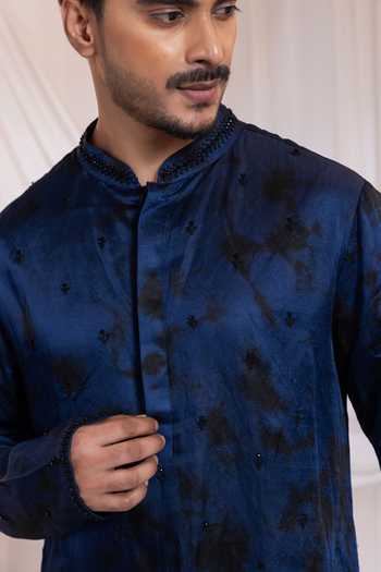 Buy_Smriti By Anju Agarwal_Blue Satin, Lycra Embroidery, Crystals, Sequins, Midnight Monarch Sherwani Set _Online_at_Aza_Fashions