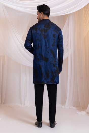 Shop_Smriti By Anju Agarwal_Blue Satin, Lycra Embroidery, Crystals, Sequins, Midnight Monarch Sherwani Set _Online_at_Aza_Fashions