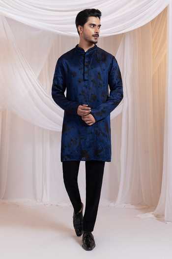 Smriti By Anju Agarwal_Blue Satin, Lycra Embroidery, Crystals, Sequins, Midnight Monarch Sherwani Set _at_Aza_Fashions