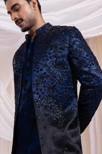Buy_Smriti By Anju Agarwal_Blue Satin, Lycra Embroidery, Crystals, Sequins, Midnight Monarch Sherwani Set 