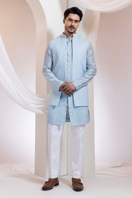 Buy_Smriti By Anju Agarwal_Sky Blue Cotton Embroidery, Beads Skyloom Diamond Pattern Nehru Jacket _Online_at_Aza_Fashions