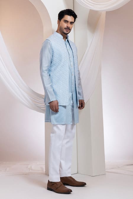 Shop_Smriti By Anju Agarwal_Sky Blue Cotton Embroidery, Beads Skyloom Diamond Pattern Nehru Jacket _Online_at_Aza_Fashions