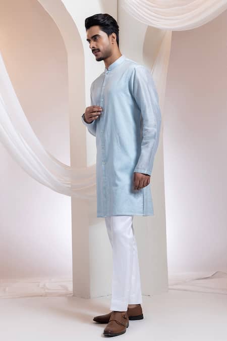 Smriti By Anju Agarwal_Blue Chanderi, Cotton Embroidery, Beads Lumen Thread Work Kurta Set _at_Aza_Fashions