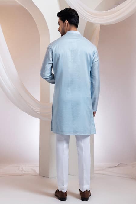 Smriti By Anju Agarwal_Blue Chanderi, Cotton Embroidery, Beads Lumen Thread Work Kurta Set _Online_at_Aza_Fashions