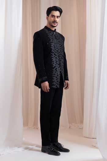 Buy_Smriti By Anju Agarwal_Black Embroidery, Sequins, Beads, Zari Treble Twilight Bandhgala Set _Online_at_Aza_Fashions