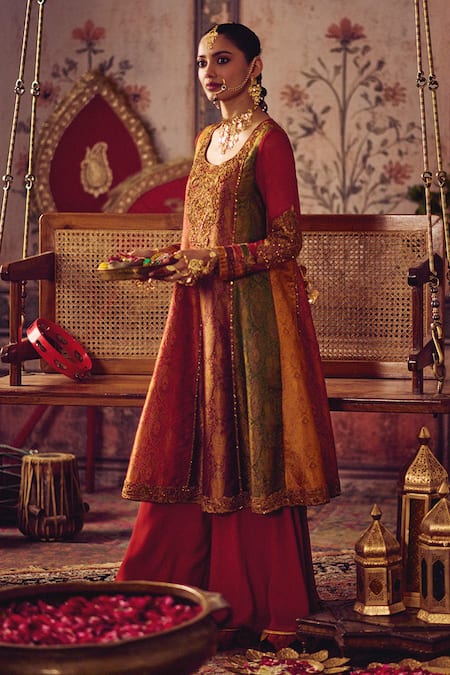 Reeti Arneja_Multi Color Handloom Cotton, Georgette Embroidery, Rang Kali Kurta And Sharara Set _Online_at_Aza_Fashions