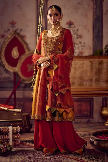 Buy_Reeti Arneja_Multi Color Handloom Cotton, Georgette Embroidery, Rang Kali Kurta And Sharara Set _Online_at_Aza_Fashions