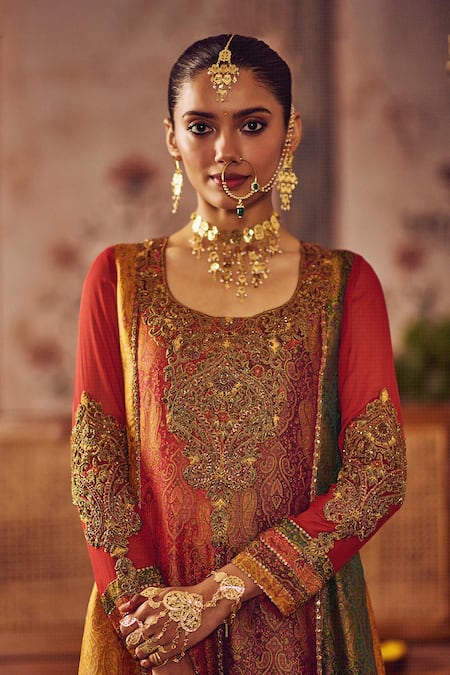 Shop_Reeti Arneja_Multi Color Handloom Cotton, Georgette Embroidery, Rang Kali Kurta And Sharara Set _Online_at_Aza_Fashions