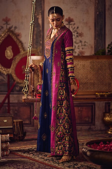 Buy_Reeti Arneja_Blue Silk, Brocade Zari, Tassels V-neck Neel Magenta Kaftan _Online_at_Aza_Fashions