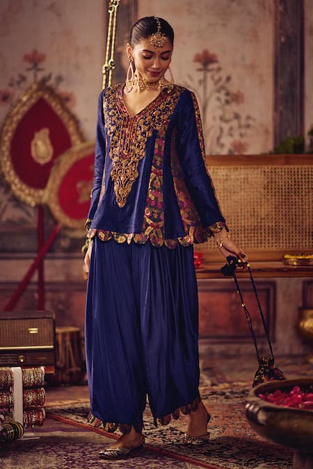 Reeti Arneja Blue Silk, Cotton Satin Zari, Tassels V-neck, Yes Neela Khaab Peplum Set Online at Aza Fashions Reeti Arneja_Blue Silk, Cotton Satin Zari, Tassels V-neck, Yes Neela Khaab Peplum Set _Online_at_Aza_Fashions