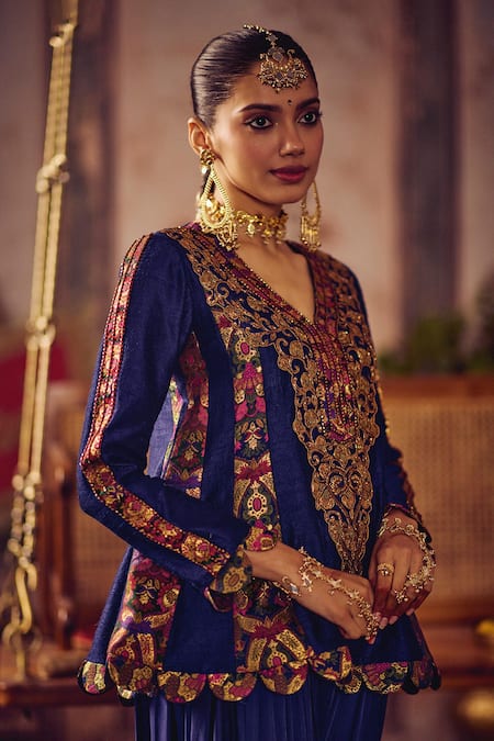 Buy Reeti Arneja Blue Silk, Cotton Satin Zari, Tassels V-neck, Yes Neela Khaab Peplum Set Online at Aza Fashions Buy_Reeti Arneja_Blue Silk, Cotton Satin Zari, Tassels V-neck, Yes Neela Khaab Peplum Set _Online_at_Aza_Fashions