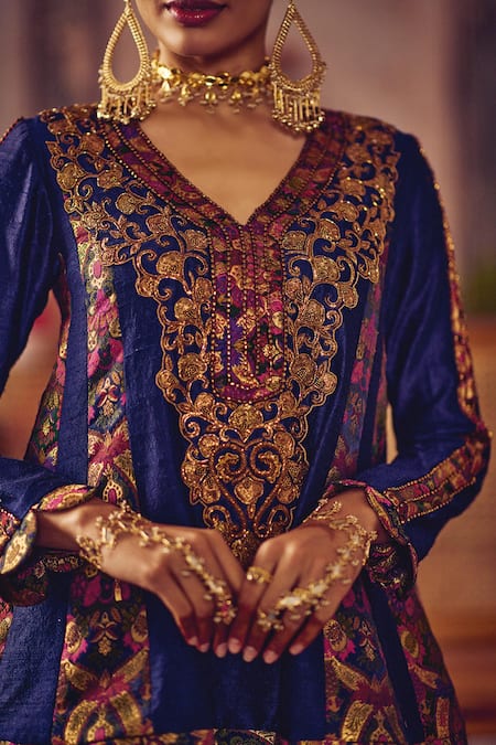 Shop Reeti Arneja Blue Silk, Cotton Satin Zari, Tassels V-neck, Yes Neela Khaab Peplum Set Online at Aza Fashions Shop_Reeti Arneja_Blue Silk, Cotton Satin Zari, Tassels V-neck, Yes Neela Khaab Peplum Set _Online_at_Aza_Fashions