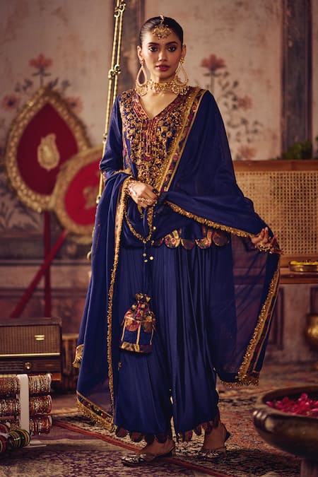 Buy Reeti Arneja Blue Silk, Cotton Satin Zari, Tassels V-neck, Yes Neela Khaab Peplum Set Buy_Reeti Arneja_Blue Silk, Cotton Satin Zari, Tassels V-neck, Yes Neela Khaab Peplum Set