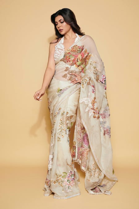 Varun Bahl Floral Embroidered Saree With Halter Blouse