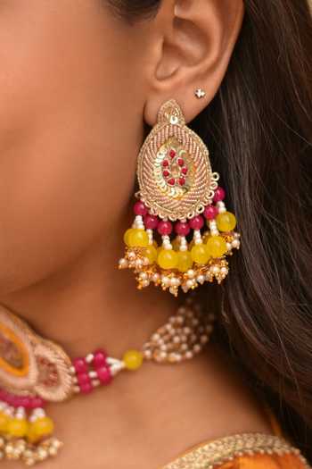Around Always_Yellow Embroidery, Sequins, Beads, Ruhee Embellished Choker And Earrings Set _Online_at_Aza_Fashions