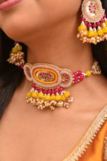 Buy_Around Always_Yellow Embroidery, Sequins, Beads, Ruhee Embellished Choker And Earrings Set _Online_at_Aza_Fashions